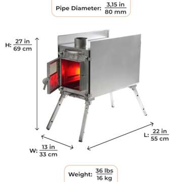 Rbm Outdoors Camping Stoves for Tents, Shelters, Yurts. Portable Wood Burning Folding Stove for Camp, Cooking Outdoor. Compact Folding Pipes Chimney (Caminus M)