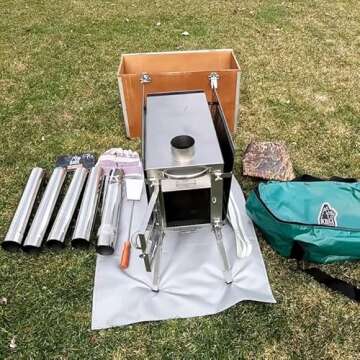 Rbm Outdoors Camping Stoves for Tents, Shelters, Yurts. Portable Wood Burning Folding Stove for Camp, Cooking Outdoor. Compact Folding Pipes Chimney (Caminus M)