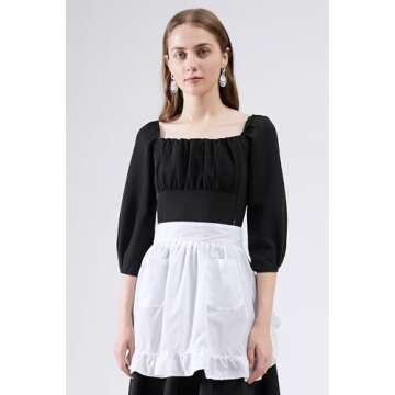 LilMents Womens Waist Apron with Pockets Retro Kitchen Cleaning Ruffles Half Apron (White)