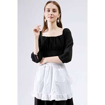 LilMents Womens Waist Apron with Pockets Retro Kitchen Cleaning Ruffles Half Apron (White)