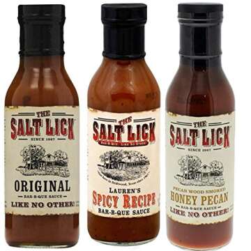 Salt Lick BBQ Sauce Assortment, one each of Original BBQ Sauce, Lauren's Spicy BBQ Sauce & Honey Pecan BBQ Sauce