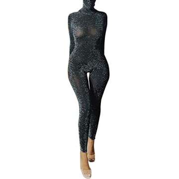 GUXMO Womens Sexy See Through Clubwear Jumpsuit Sparkly Backless Bodycon Long Sleeve Jumpsuits Party...