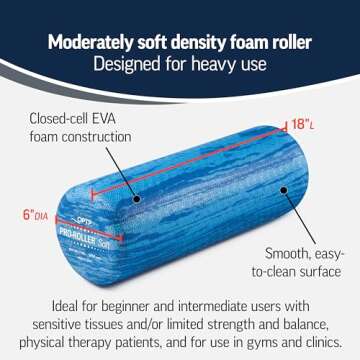 OPTP PRO-ROLLER Soft Density Foam Roller - Professional 18 Inch Foam Roller for Massage; Short Foam Roller and Physical Therapy Roller for Balance and Stability Training Exercises - Blue 18” x 6”