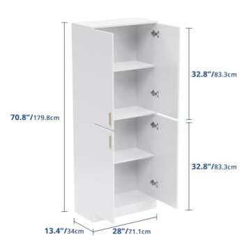Cozy Castle Kitchen Pantry Cabinet, 71" Tall Wood Storage Cabinet with Doors and Shelves 4 Doors Fre...