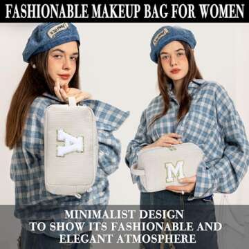 YOOLIFE Girls Gifts Travel Makeup Bag - White Makeup Bag Teens Teacher Girlfriend Wife Valentines Day Gifts for Her Girls Cute Makeup Bag Personalized Best Friend Birthday Gifts for Women Her Letter M