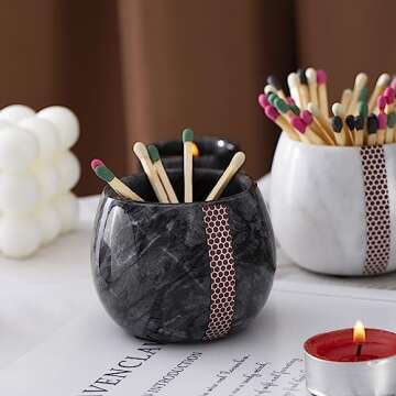 Matches Holder, Natural Marble Match Holder with Striker - Matches Box Modern Home Decor Gifts - Set of 2 Matches Decorative (Matches NOT Included)