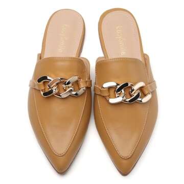 EasySmile Metal Chain Decor Flat Mules for Women Closed Pointed Toe Slip on Loafers Slides Backless Mules Shoes