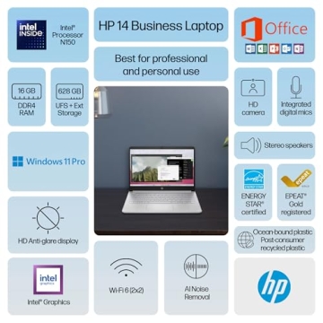 HP 14" Laptop 2025 Business Student Slim Computer, Lifetime MS Office, Copilot AI, Quad-Core Intel C...