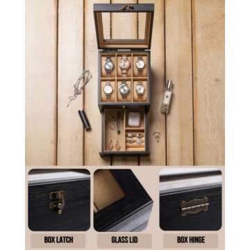 Exper City Watch Box, Watch Case for Men Women with Large Glass Lid, Wooden Watch Display Storage Box with 2 - Layers & 6 - Slots, Black Mens Watch Box Organizer