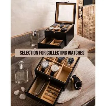 Exper City Watch Box, Watch Case for Men Women with Large Glass Lid, Wooden Watch Display Storage Box with 2 - Layers & 6 - Slots, Black Mens Watch Box Organizer
