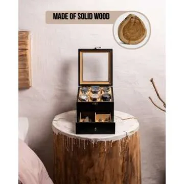Exper City Watch Box, Watch Case for Men Women with Large Glass Lid, Wooden Watch Display Storage Box with 2 - Layers & 6 - Slots, Black Mens Watch Box Organizer