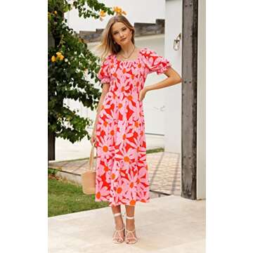 PRETTYGARDEN Women's Summer Puff Sleeve Floral Maxi Dress Square Neck Smocked Boho Flowy A Line Casual Beach Long Dresses (Big Floral Pink and Red,Large)