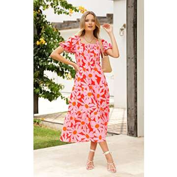 PRETTYGARDEN Women's Summer Puff Sleeve Floral Maxi Dress Square Neck Smocked Boho Flowy A Line Casual Beach Long Dresses (Big Floral Pink and Red,Large)