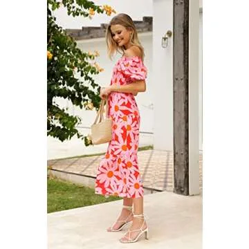 PRETTYGARDEN Women's Summer Puff Sleeve Floral Maxi Dress Square Neck Smocked Boho Flowy A Line Casual Beach Long Dresses (Big Floral Pink and Red,Large)