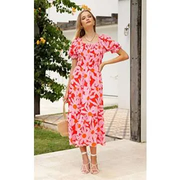 PRETTYGARDEN Women's Summer Puff Sleeve Floral Maxi Dress Square Neck Smocked Boho Flowy A Line Casual Beach Long Dresses (Big Floral Pink and Red,Large)
