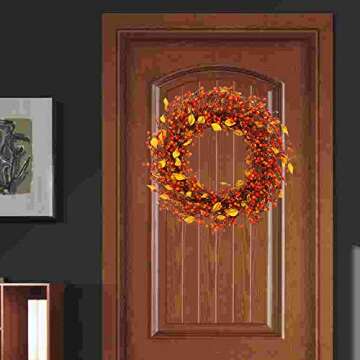 VGIA 22 inch Artificial Fall Wreath Berry Wreath Fall Maple Leaf Wreath for Front Door Fall Decorations