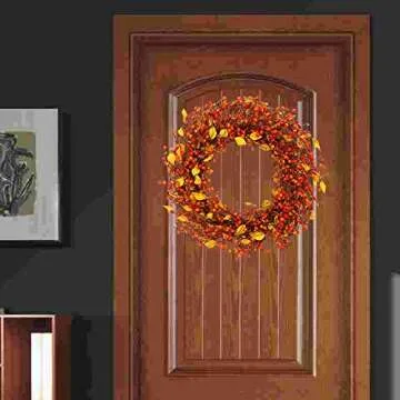 VGIA 22 inch Artificial Fall Wreath Berry Wreath Fall Maple Leaf Wreath for Front Door Fall Decorations