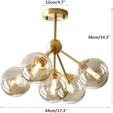 KCO Lighting 5-Light Amber Glass Globe Chandelier Brush Gold Semi Flush Mount Ceiling Light Mid-Cent...