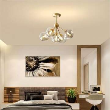 KCO Lighting 5-Light Amber Glass Globe Chandelier Brush Gold Semi Flush Mount Ceiling Light Mid-Century Modern Close to Ceiling Light for Living Room Bedroom Foyer (5-Light)
