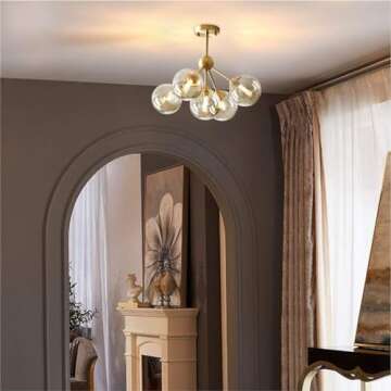 KCO Lighting 5-Light Amber Glass Globe Chandelier Brush Gold Semi Flush Mount Ceiling Light Mid-Century Modern Close to Ceiling Light for Living Room Bedroom Foyer (5-Light)