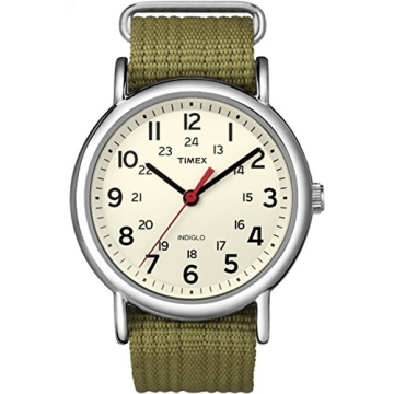 Timex Unisex Weekender 38mm Watch – Silver-Tone Case Cream Dial with Olive Fabric Slip-Thru Strap