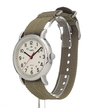Timex Unisex Weekender 38mm Watch – Silver-Tone Case Cream Dial with Olive Fabric Slip-Thru Strap
