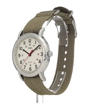 Timex Unisex Weekender 38mm Watch – Silver-Tone Case Cream Dial with Olive Fabric Slip-Thru Strap