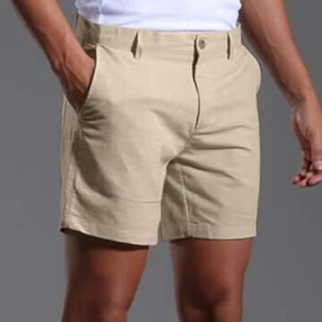 Oymyakon Men's Casual Linen Shorts Summer Button Beach Shorts Cotton Linen Flat Front Shorts with Pockets(Beige,Large)