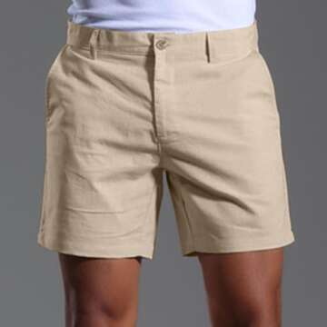 Oymyakon Men's Casual Linen Shorts Summer Button Beach Shorts Cotton Linen Flat Front Shorts with Pockets(Beige,Large)