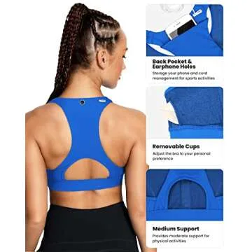 QUEENIEKE Women's Medium Support Back Pocket Energy Sport Bra Cotton Feel Size XS Color Dazzling Blue Back Pocket