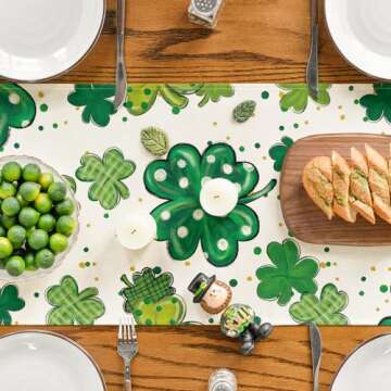 Artoid Mode Watercolor Shamrock St. Patrick's Day Table Runner, Seasonal Spring Holiday Kitchen Dining Table Decoration for Indoor Outdoor Home Party Decor 13 x 72 Inch