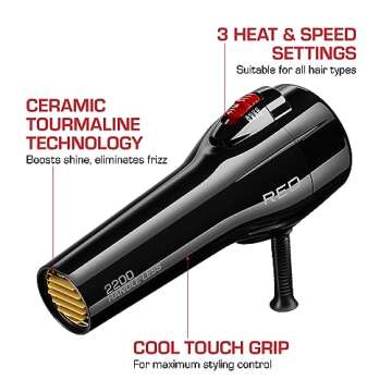 RED by Kiss Handle-Less 2200W Ceramic Tourmaline Hair Dryer, 3 Heat Settings, Pro Blow Dryer with Comb Attachment, Ionic for Frizz-Free Shine, Detangler & Straightening for 4C