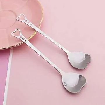 Set of 6 Cute Heart Shaped Tea Spoons - Stainless Steel Small Love Spoon For Espresso Coffee Cup or Clear Glass Mug of Cappuccino Cocktail - Mini Unique Dessert Scoop for Ice Cream & Sugar Bowls