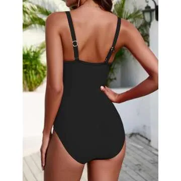KI LAPHEE One Piece Swimsuits for Women Tummy Control Bathing Suits Modest Swimwear Criss Cross Tapes-Black-M