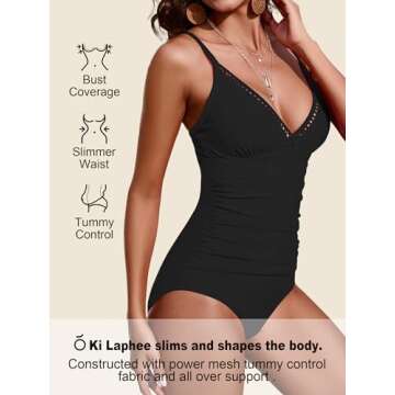 KI LAPHEE One Piece Swimsuits for Women Tummy Control Bathing Suits Modest Swimwear Criss Cross Tapes-Black-M