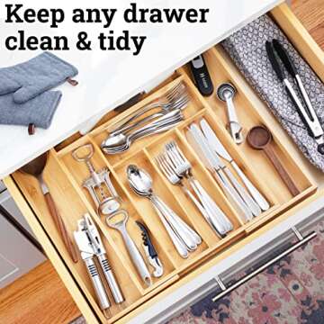 Dynamic Gear Adjustable Bamboo Drawer Organizer for Kitchen