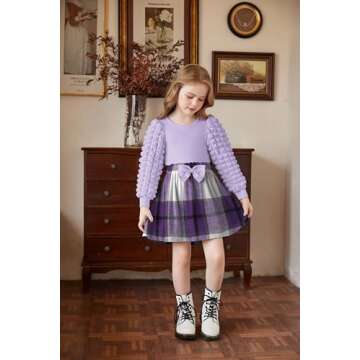Arshiner Toddler Girl Fall Winter Skirt Set Purple Ribbed Long Sleeve T-Shirt Top & Plaid Skirts Dress 2Pcs Outfits 3T 4T