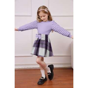 Arshiner Toddler Girl Fall Winter Skirt Set Purple Ribbed Long Sleeve T-Shirt Top & Plaid Skirts Dress 2Pcs Outfits 3T 4T
