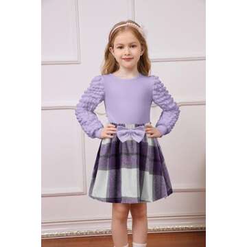 Arshiner Toddler Girl Fall Winter Skirt Set Purple Ribbed Long Sleeve T-Shirt Top & Plaid Skirts Dress 2Pcs Outfits 3T 4T