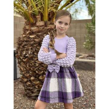 Arshiner Toddler Girl Fall Winter Skirt Set Purple Ribbed Long Sleeve T-Shirt Top & Plaid Skirts Dress 2Pcs Outfits 3T 4T