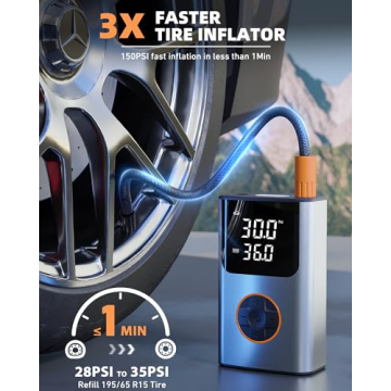 Tire Inflator Portable Air Compressor, Bike Pump, 150PSI Air Pump for Car Tires with LCD Dual Screen and Digital Tire Pressure Gauge, Air Compressor for Bicycle, Motorcycle, Compact Car, Ball