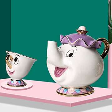 NEW Beauty and The Beast Cartoon Mrs.Potts Chip Tea Pot & Cup set Teapot Mug Potts Sculpted Ceramic Teapot (Pot & Cup)