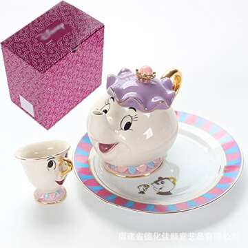 NEW Beauty and The Beast Cartoon Mrs.Potts Chip Tea Pot & Cup set Teapot Mug Potts Sculpted Ceramic Teapot (Pot & Cup)