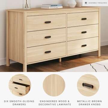 Signature Design by Ashley Cabinella Casual 6-Drawer Dresser with Safety Stop, Light Brown