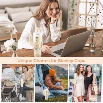 Stanley Cup Accessories Set,Silicone Straw Cover, Cute Charm,Handle Strap,Cup Ring,Plush Pendant,Silicone Boot,Heart Buttons for Stanley Cup 40oz & 30oz Tumbler (White)