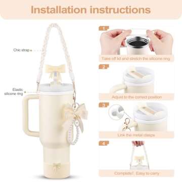 Stanley Cup Accessories Set,Silicone Straw Cover, Cute Charm,Handle Strap,Cup Ring,Plush Pendant,Silicone Boot,Heart Buttons for Stanley Cup 40oz & 30oz Tumbler (White)