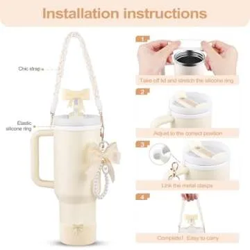 Stanley Cup Accessories Set,Silicone Straw Cover, Cute Charm,Handle Strap,Cup Ring,Plush Pendant,Silicone Boot,Heart Buttons for Stanley Cup 40oz & 30oz Tumbler (White)