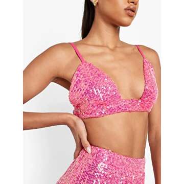 Women Sparkle Outfits Sequin Long Sleeve Blouse Shirt Top Glitter Long Loose Pants Bling Party Clubwear Streetwear (Pink Bra, Small)
