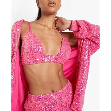 Women Sparkle Outfits Sequin Long Sleeve Blouse Shirt Top Glitter Long Loose Pants Bling Party Clubwear Streetwear (Pink Bra, Small)