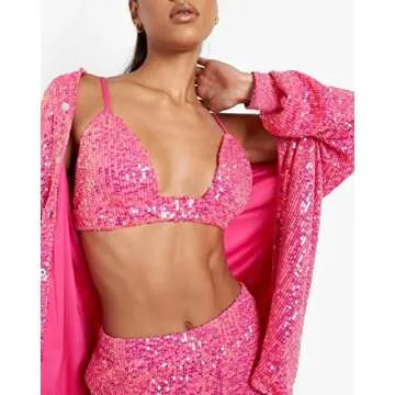 Women Sparkle Outfits Sequin Long Sleeve Blouse Shirt Top Glitter Long Loose Pants Bling Party Clubwear Streetwear (Pink Bra, Small)